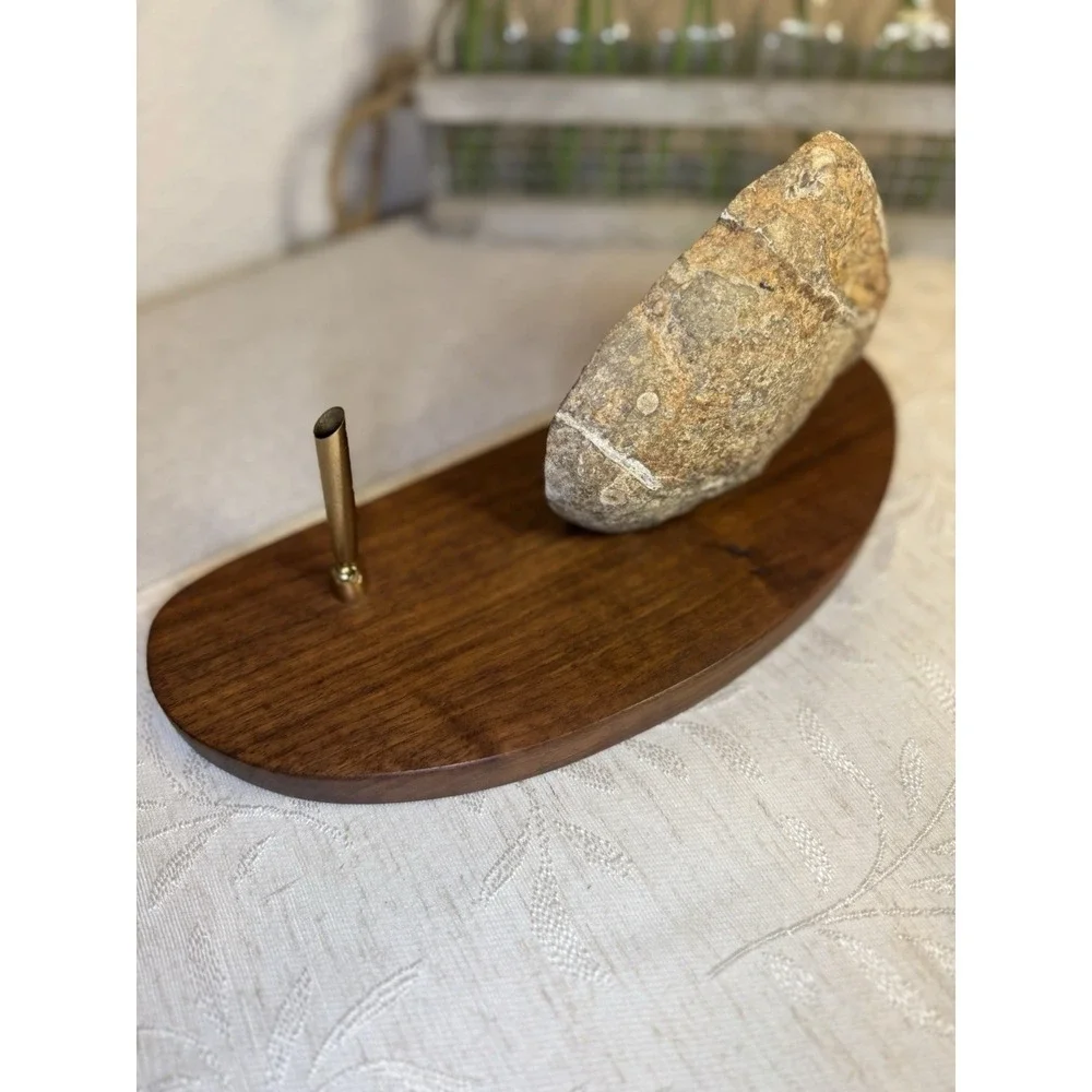 Vintage Walnut Desk Set with Large Polished Agate Geode‎ & Brass Pen Holder.